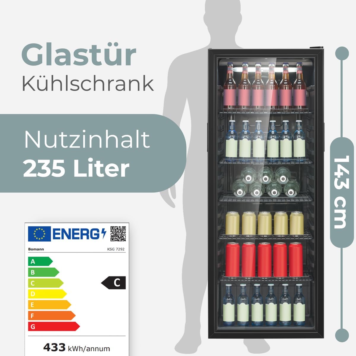 Bomann KSG 7292 Réfrigérateur avec porte en verre | Classe énergétique C | 143 cm | Réfrigérateur de boissons 2-12 °C | MultiAirflow | 5 étagères grillagées | Butée de porte interchangeable | 236 l | – Image 2