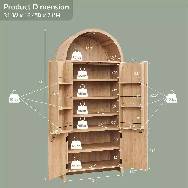 71 Tall Arched Kitchen Pantry, Modern Storage Cabinet with 3 Adjustable Shelves, 6 Door Shelves, for Kitchen, Living Room – Image 15
