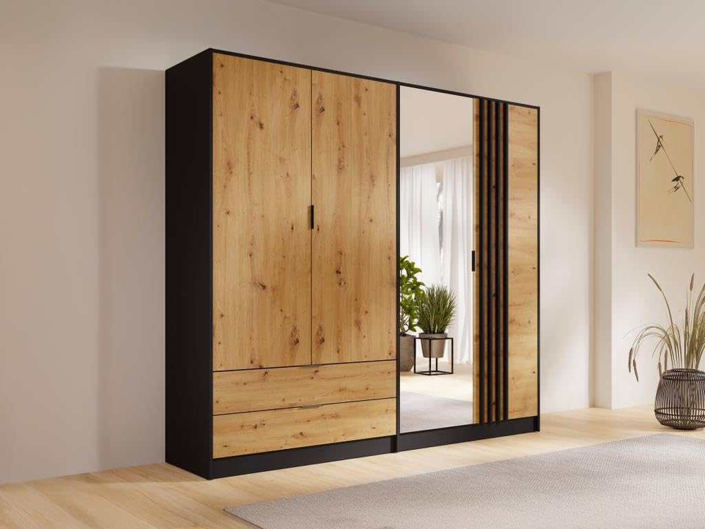 Vente-unique - Armoire 4 Portes et 2 tiroirs - avec Miroir - L220 cm - Coloris : Noir et Naturel - TUNALO – Image 2