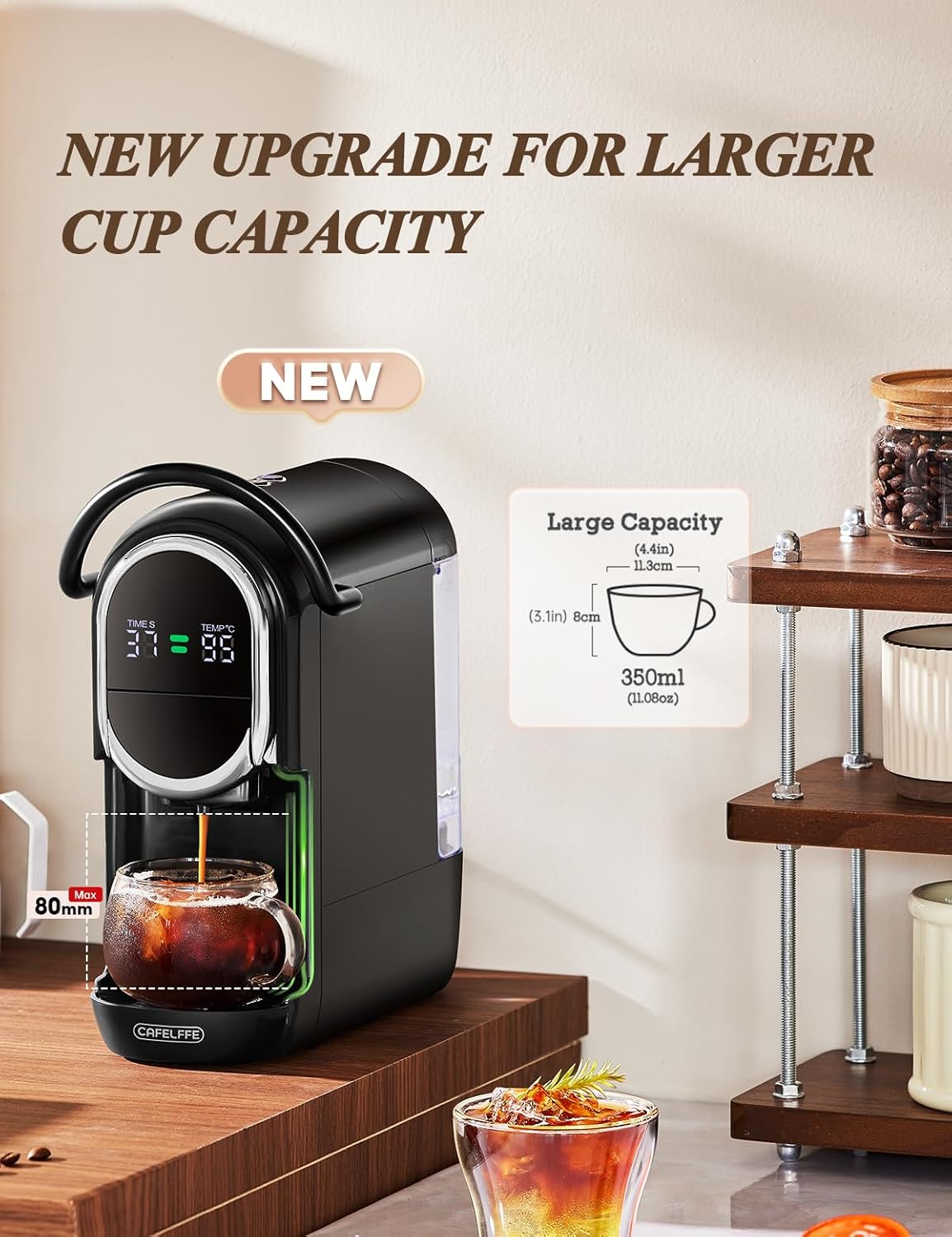 Cafelffe Machine à café automatique, cafetière à capsules 4 en 1 avec température réglable et 7 temps d'infusion préréglés, machine à expresso 19 bars pour NES/DG/ESE/café moulu, noir – Image 4
