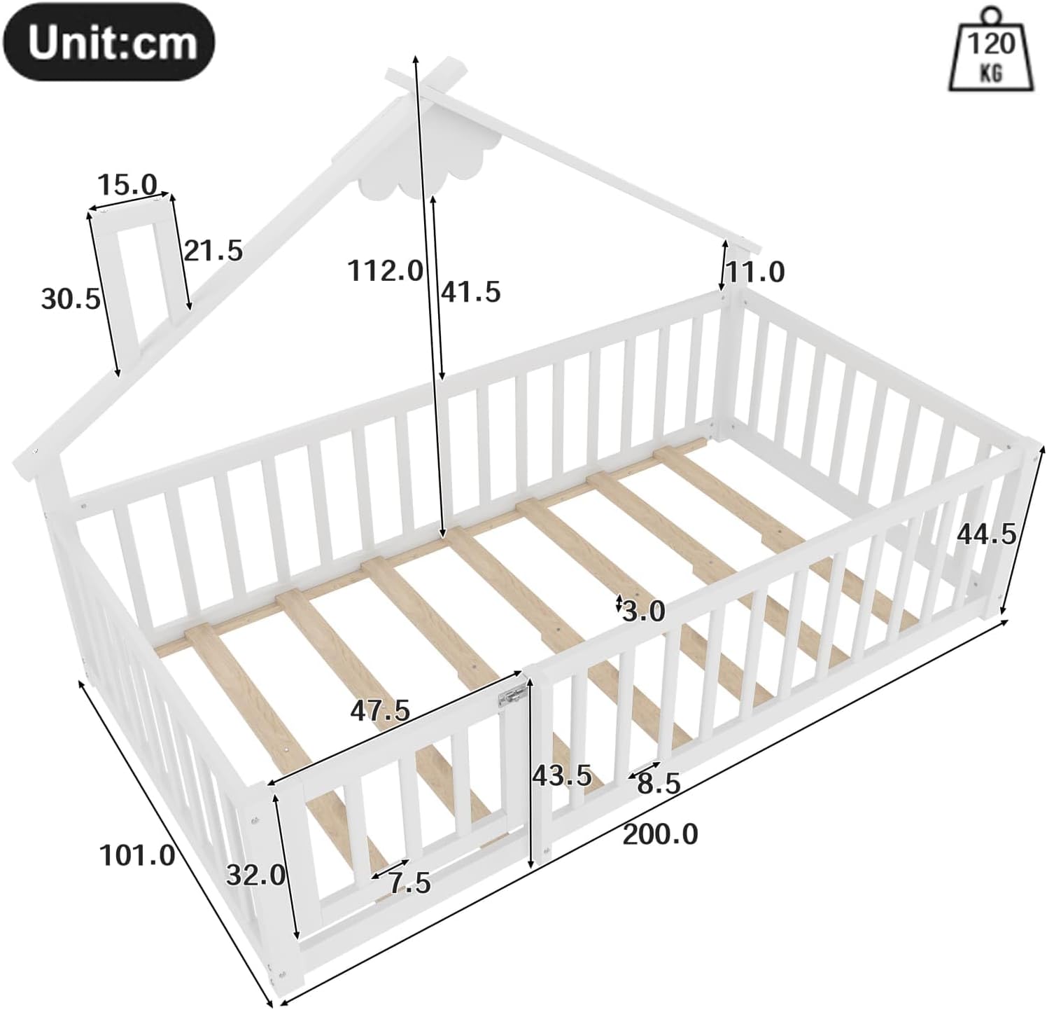 Lit Au Sol Enfant 140x190cm,Lit Cabane Enfant Montessori avec Design Cabine Distinctif,Porte,Barrières Hautes,Sommier à Lattes Solide,pour Enfants,Pin (A-Blanc, 90x190) – Image 2