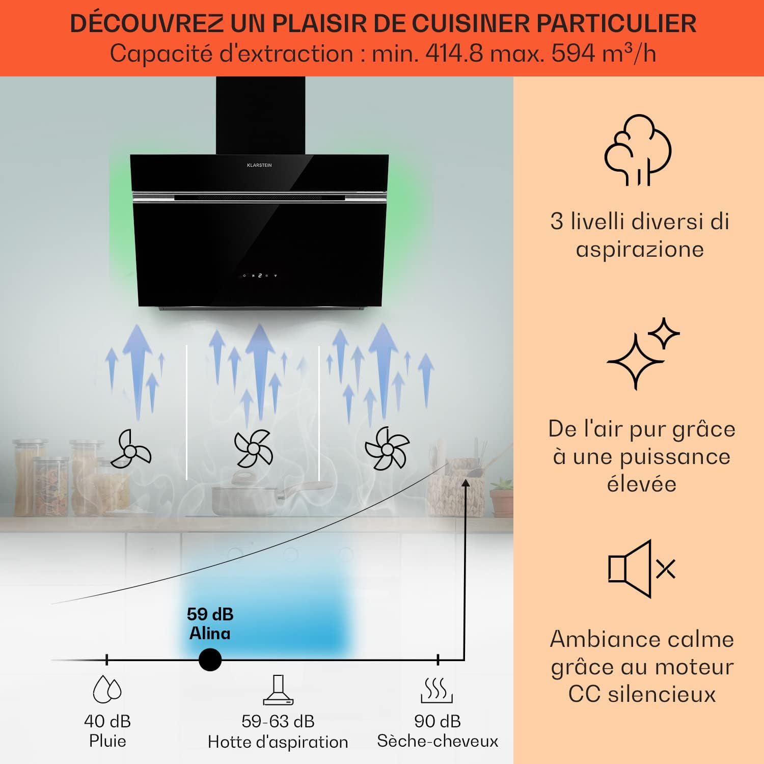 Klarstein Alina 60 Hotte Aspirante - 600 m3/h, Panneau Tactile, LED Multicolore, Silencieuse 63 dB, Énergie Classe A, Hotte Décorative, 60 cm, Noir – Image 3