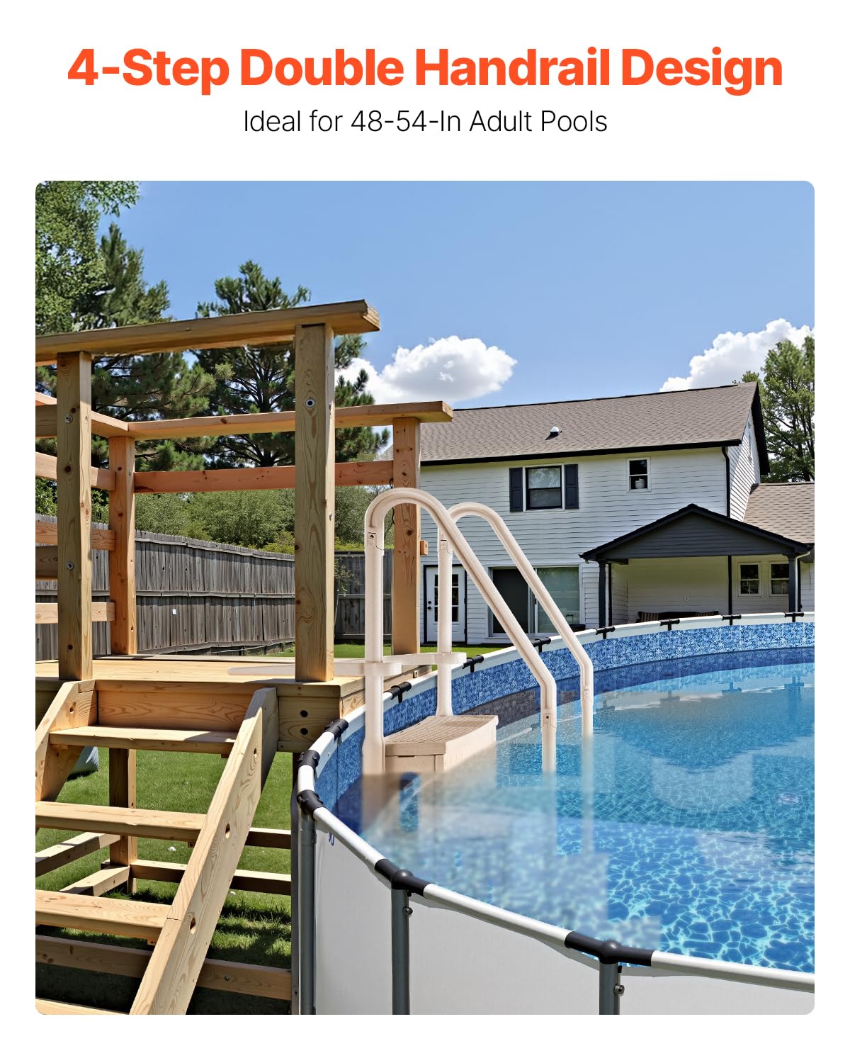 VEVOR Escalier de Piscine en Plastique avec 2 Rampes, 4 Marches Antidérapantes, Capacité de Charge 181,4 kg, pour Piscines Creusées Hors Sol 122-137 cm, Terrasse, Maison, Intérieur, Extérieur, Taupe – Image 2