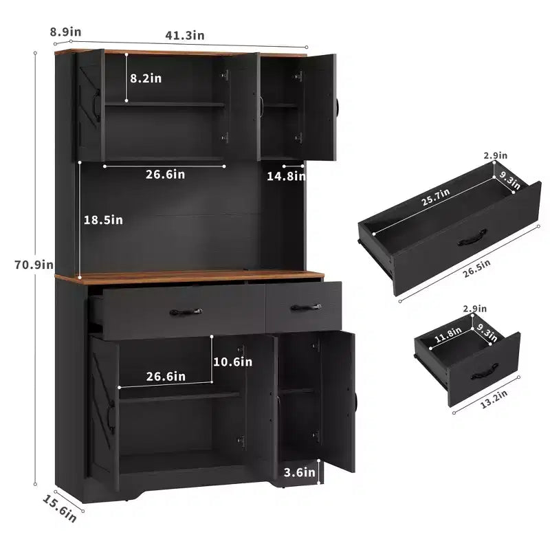 71 Kitchen Pantry Cabinet with Charging Station, Large Countertop, Microwave Stand & 2 Drawers,Hutch Storage for Dining & Living Room – Image 2