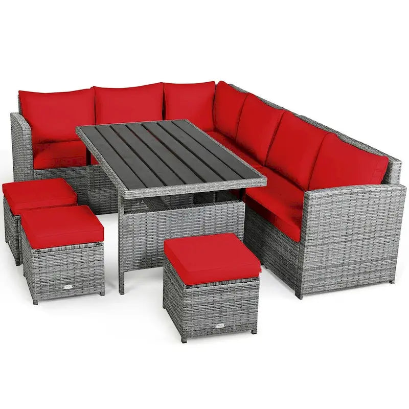 7 Pcs All-Weather Patio Rattan Dining Furniture Sectional Sofa Set with Wicker Ottoman and Cushed Couch – Image 4