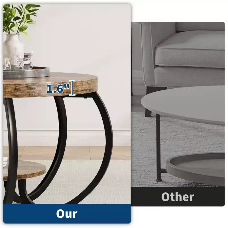30 Inch Round Industrial Coffee Table 2-Tier with Adjustable Feet Wood Grain Shelf Flame Design Easy Assembly Living Room – Image 8