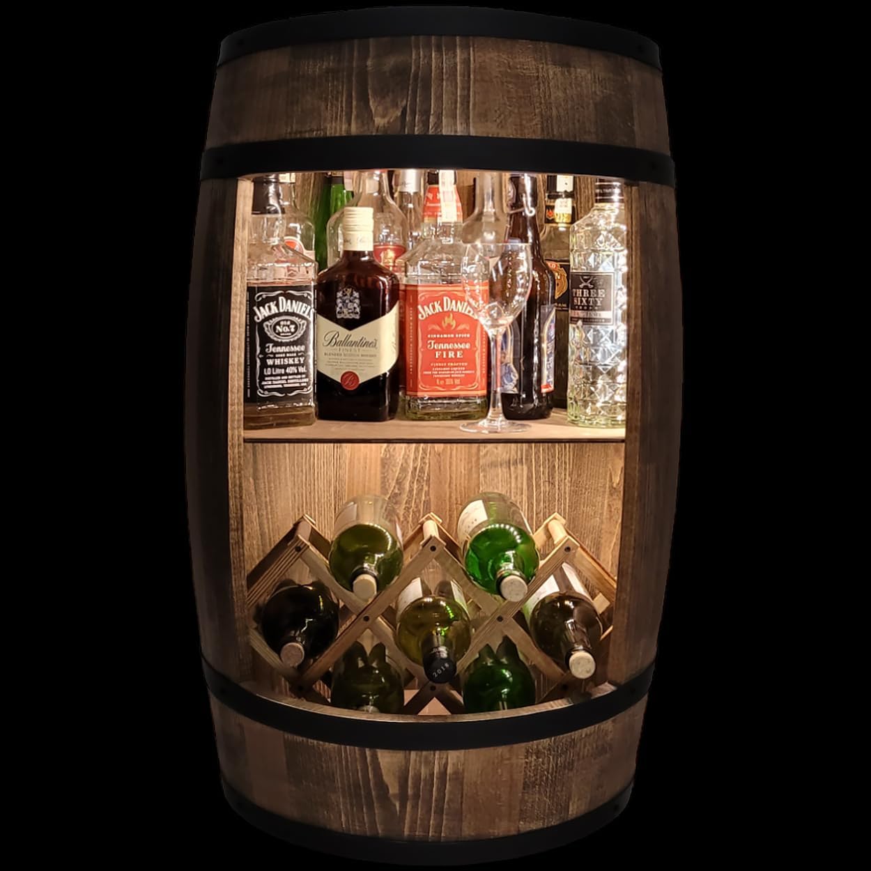weeco Tonneau Bar en Bois avec Éclairage LED – Casier à Vin avec 2 Étagères et Porte-Bouteilles – Bar Rustique pour Salon ou Cave à Vin – Décoration Vintage – 80x50cm Marron – Image 5