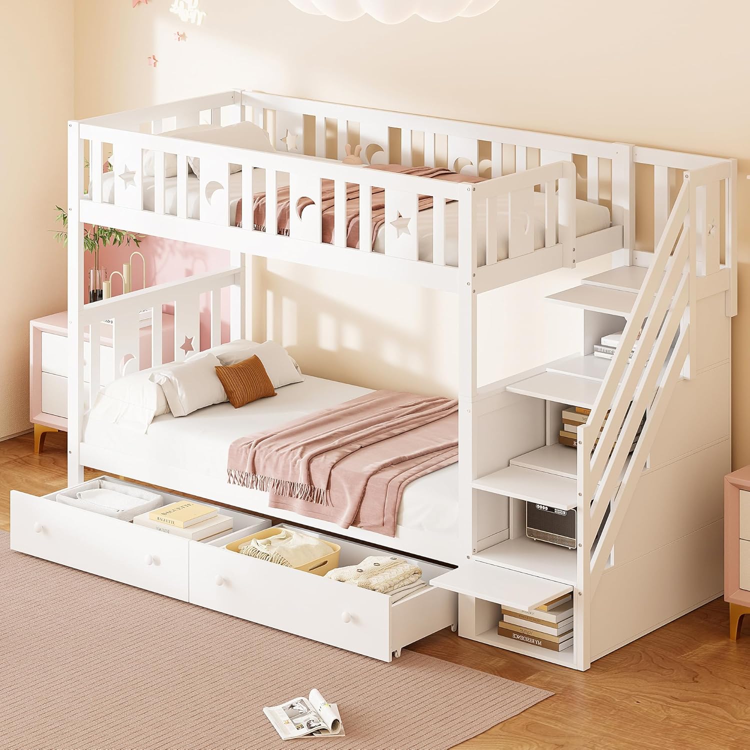 90x200 cm lit superposé en Bois Massif pour Les Enfants - lit Mezzanine avec escalier de sécurité, étagère de Rangement, 2 tiroirs pour Les garçons et Les Filles, Blanc (sans Matelas) | Robuste et durable – Image 8