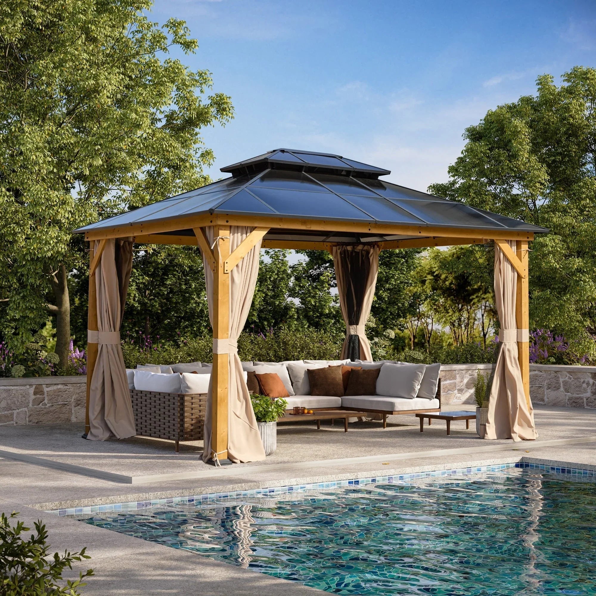 EROMMY Hardtop Gazebo,Outdoor Pergola with Double Roof & Netting & Curtains,Heavy Duty Canopy for Patio, Backyard, Pool party – Image 16