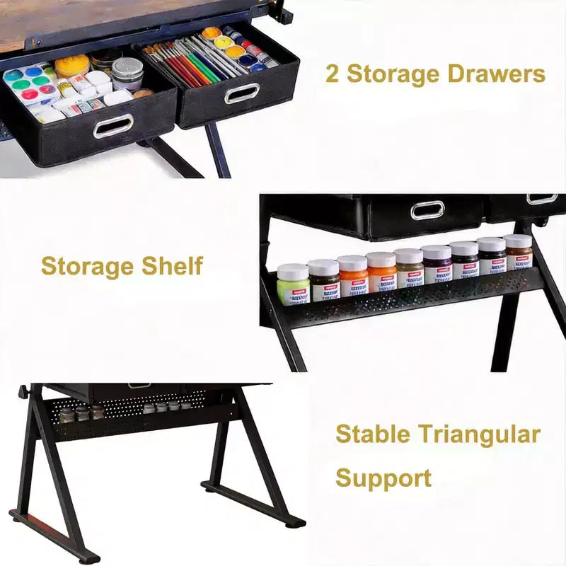 Height Adjustable Drafting Table with Stool,0-75 Tilting Drawing Desk&2 Storage Drawers,Artist Workstation for Painting,Crafting,Writing & Sketching – Image 6