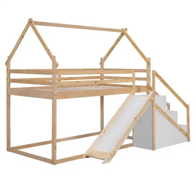 House Bunk Beds with Slide and Storage Stairs, Kids Wood Twin over Twin Bunk Bed with Roof and Stairs for Girls Boys – Image 13