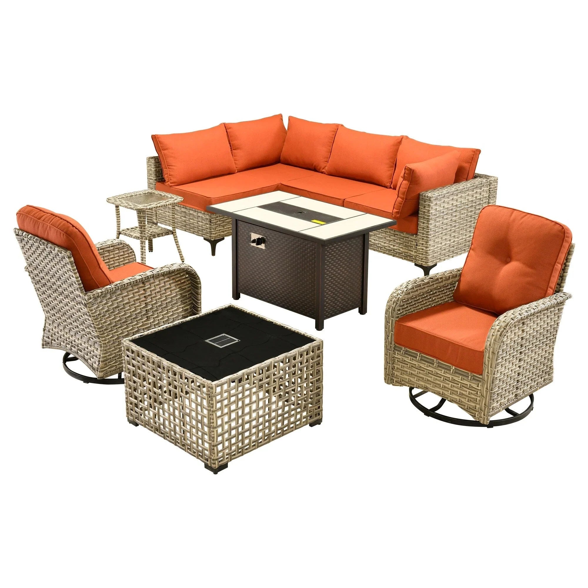 OVIOS 9 Pieces Outdoor Wicker Swivel Chair Set With Fire Table – Image 23