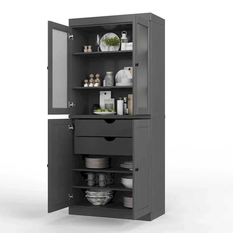100% Solid Wood Pantry Cabinet with Frosted Glass Doors, Solid Doors, 2-Drawers and Adjustable Shelves – Image 28
