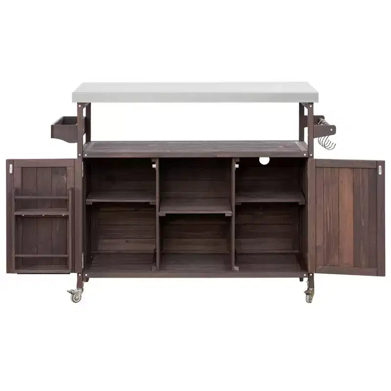 Outdoor Kitchen Island with Stainless Steel Top, Wooden Kitchen Cart with Doors, Shelves and Spice Rack, Rolling Kitchen Island – Image 21