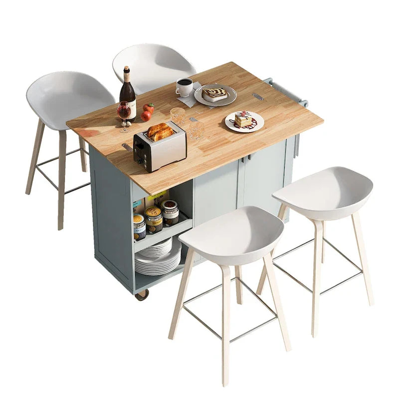 Kitchen Island with Foldable Counter Top, Kitchen Storage Cart with Slide-Out Shelf, Towel Rack and Drawer, Rolling Wheels – Image 9
