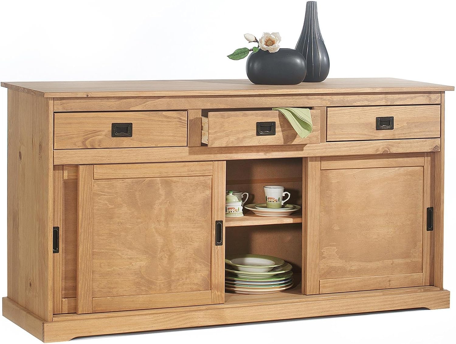 IDIMEX Buffet Savona bahut vaisselier Commode avec 3 tiroirs et 3 Portes coulissantes, en pin Massif lasuré Brun – Image 4