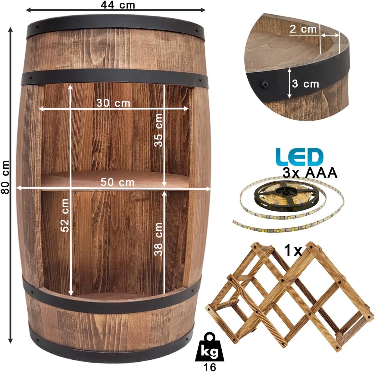 weeco Tonneau Bar en Bois avec Éclairage LED – Casier à Vin avec 2 Étagères et Porte-Bouteilles – Bar Rustique pour Salon ou Cave à Vin – Décoration Vintage – 80x50cm Marron – Image 7
