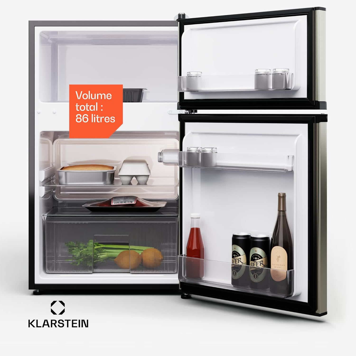 KLARSTEIN Big Daddy Cool - Frigo réfrigérateur, réfrigérateur combiné, Compartiment bouteilles, Bac légumes, Eclairage intérieur, Look moderne, Nettoyage facile, Pieds réglables, 86 L - Argent – Image 3