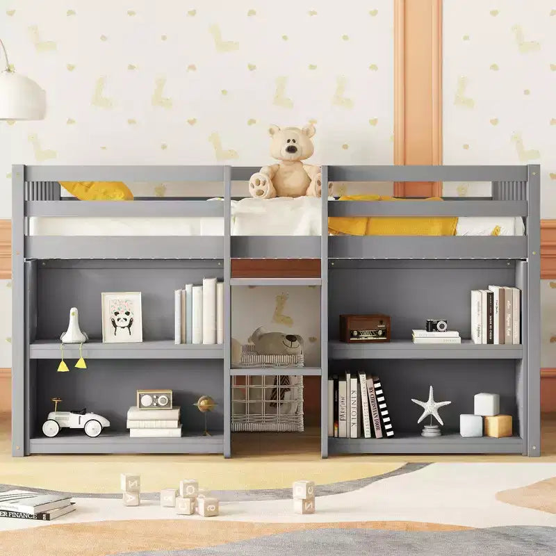 Whisen 79.8''L * 43.9''W Twin Size Kid Low Loft Bed With Two-Tier Shelves And LED Light – Image 2