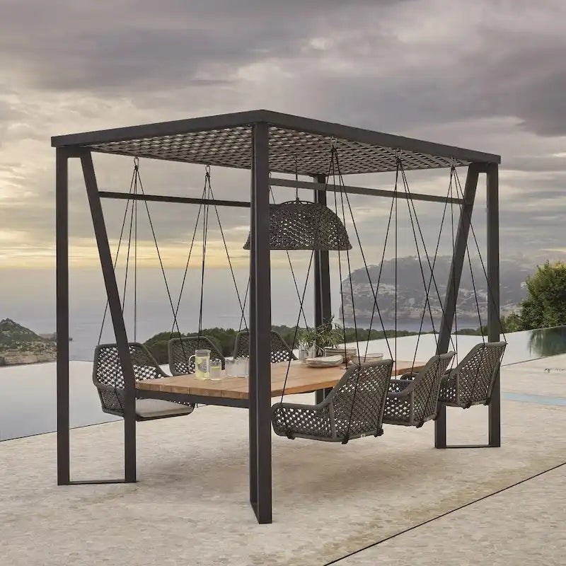 Skyline Design Horizon Pergola with Lamp, Hanging Chairs & Teak Table – Image 2