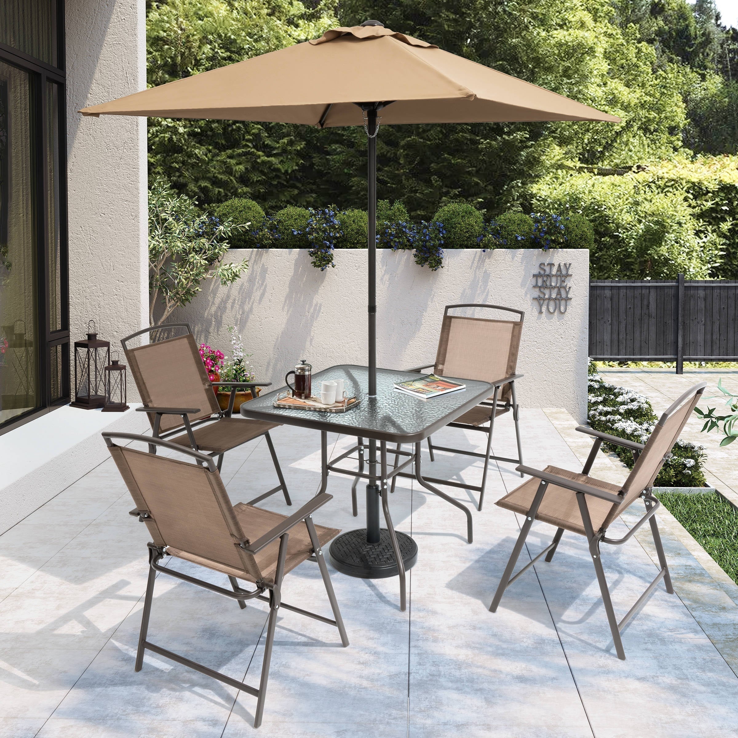 Pellebant 6 Piece Patio Set with Table, Umbrella and 4 Folding Chairs - 22.4Wx26.8Dx34.4H – Image 3