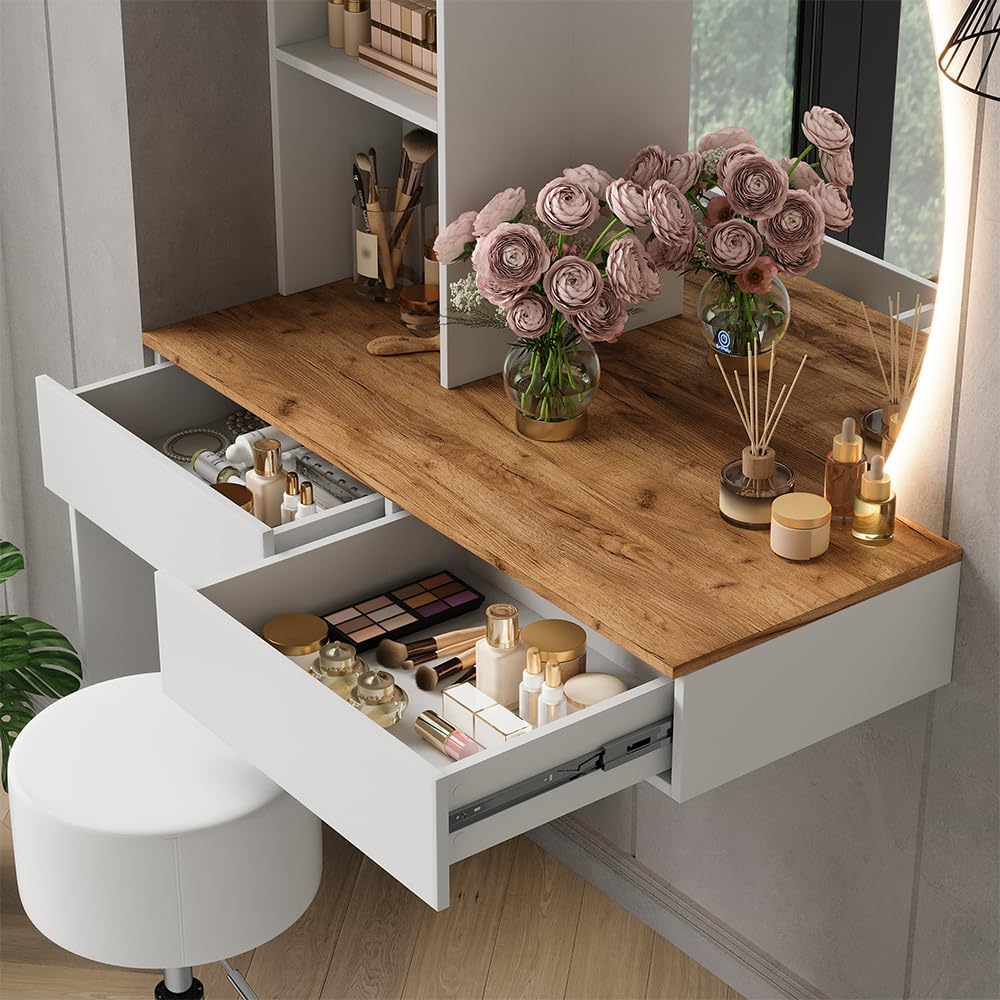 Vicco Coiffeuse Melora, Blanc/chêne, 100cm avec Miroir LED et Tabouret – Image 4