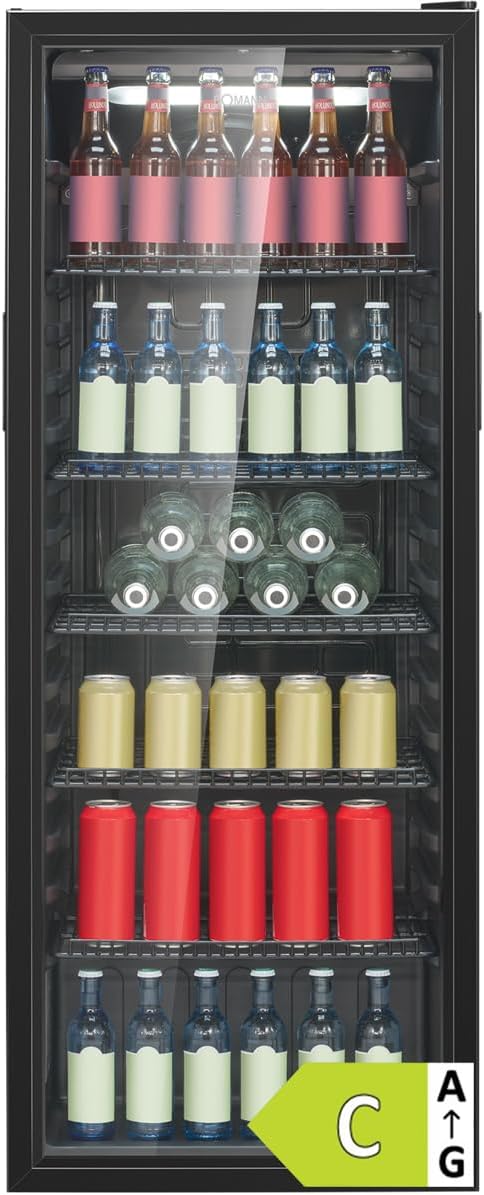 Bomann KSG 7292 Réfrigérateur avec porte en verre | Classe énergétique C | 143 cm | Réfrigérateur de boissons 2-12 °C | MultiAirflow | 5 étagères grillagées | Butée de porte interchangeable | 236 l |