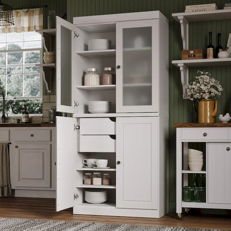 100% Solid Wood Pantry Cabinet with Frosted Glass Doors, Solid Doors, 2-Drawers and Adjustable Shelves – Image 12