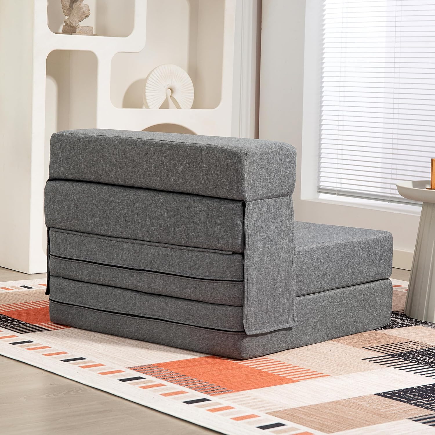 HOMCOM Fauteuil Convertible 1 Place 3 en 1, Fauteuil lit Pliant, chauffeuse 1 Place en Lin avec Large Assise, Coussin Inclus, Matelas Pliable 210 cm pour invités, Salon, Petit Espace, Gris – Image 8