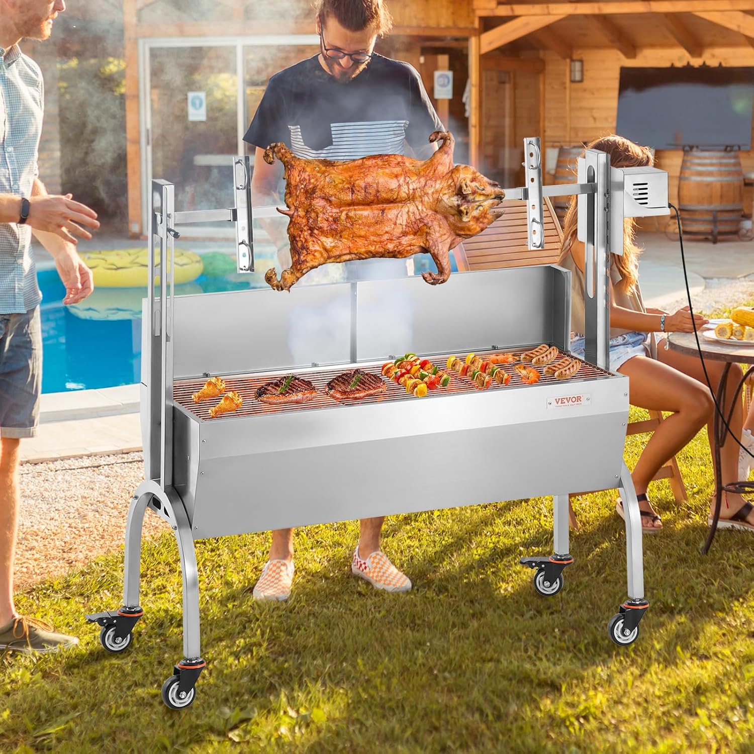 VEVOR Barbecue à Charbon avec Tournebroche Électrique 52 W Charge 90 kg, Rôtissoire Barbecue 118,5 cm, en Inox, avec Pare-Brise et Roues Verrouillables, pour Rôtir Agneau Porcelet Poulet Camping – Image 8