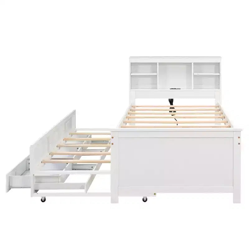 Platform Bed with Trundle and Drawers, Storage Platform Bed with USB, Wood Platform Bed with Bookcase – Image 15