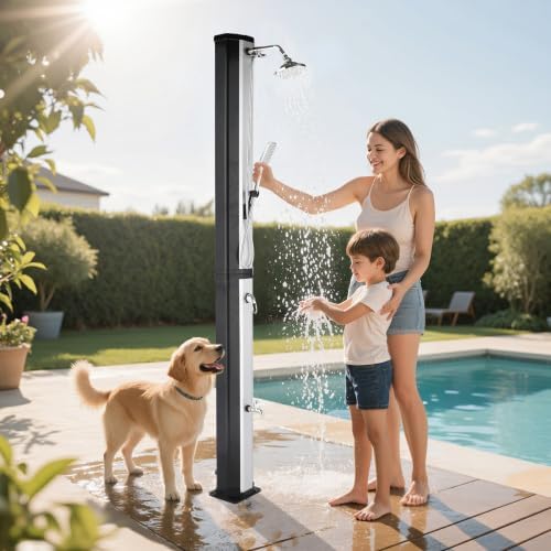 Bonnlo Douche Solaire 60L, Douche Exterieur Solaire avec Pommeau de Douche Douchette et Robinet, Eau Chaude et Température réglable, Idéal pour Jardin Plage Piscine – Image 4