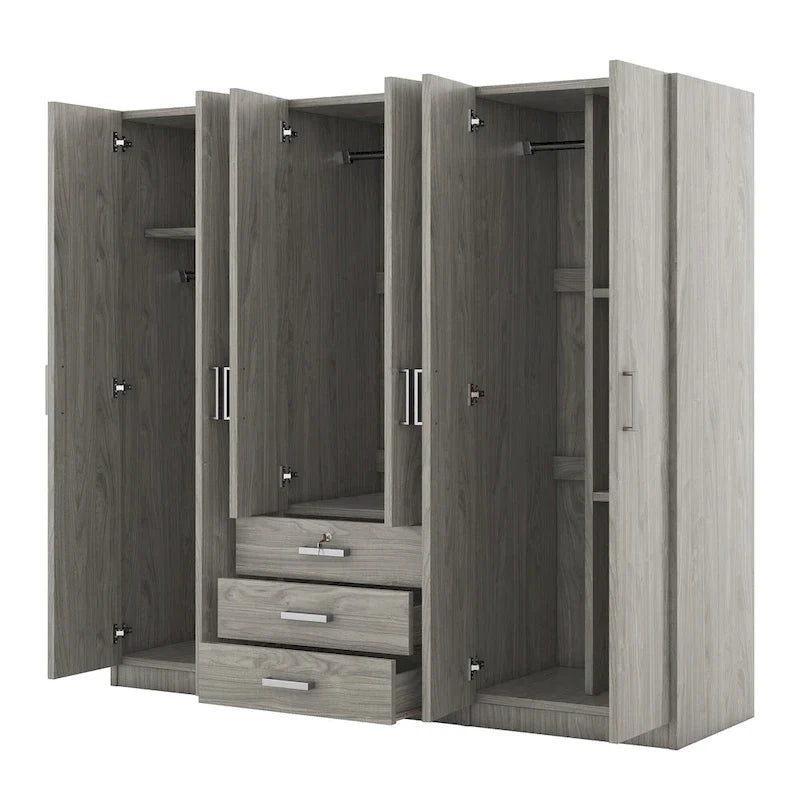 6-Doors Wooden Wardrobe Storage with 3 Big Drawers for Bedroom – Image 17