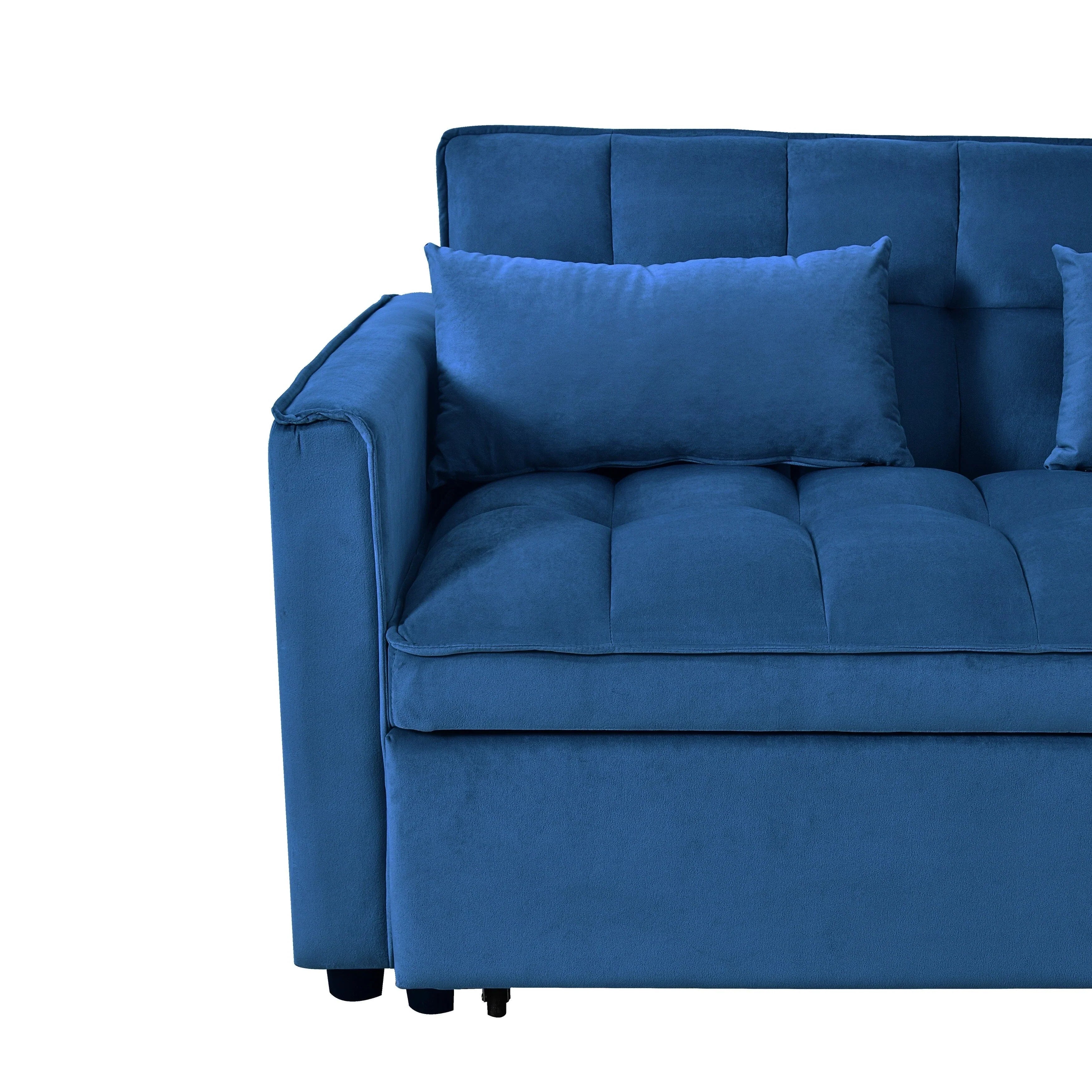 Modern Pull-Out Couch Bed, 3-in-1 Sleeper Sofa with Adjustable Backrest, Velvet Loveseat, Pillows & Side Pockets – Image 19