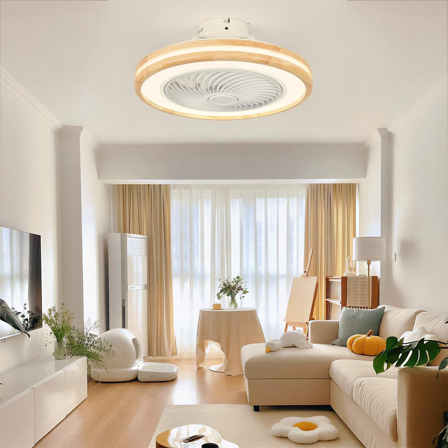 LJX Ventilateurs de Plafond avec Lumières Bois et Télécommande Plafonnier Ventilateur Design Sans Pales Été Et Hiver Réversible 6 Vitesses Moteur DC Gradable Ventilo Plafond Silencieux Pour Chambre – Image 5