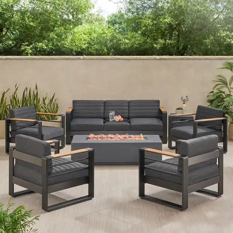 Giovanna Outdoor Aluminum 7 Seater Chat Set with Fire Pit by Christopher Knight Home – Image 2