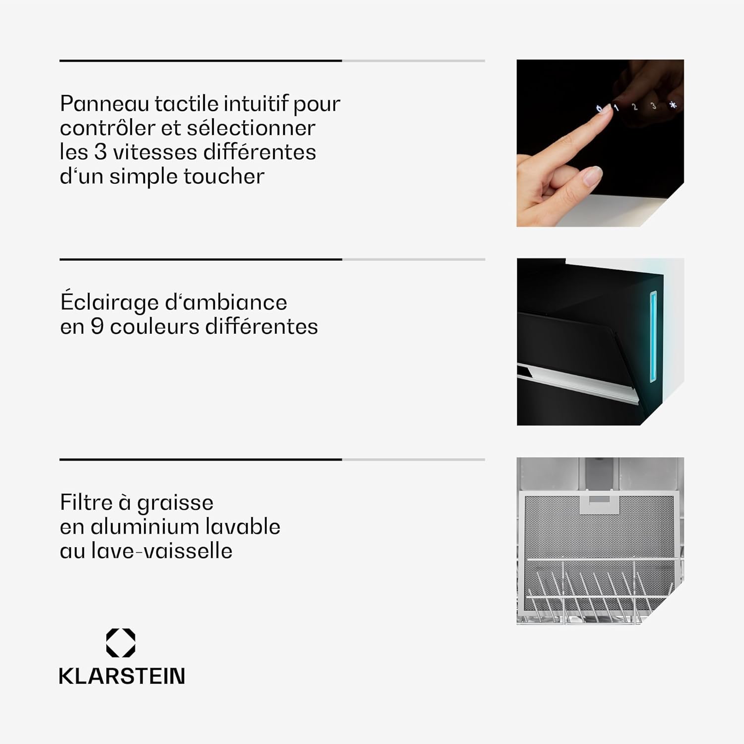 Klarstein Alina 90 Hotte Aspirante - Hotte Décorative 90 cm, Débit d'Air 600 m3/h, Énergie Classe A, Panneau Tactile, LED Multicolore, Silencieuse 63 dB, Recyclage, Noir – Image 6