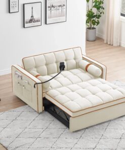 Velvet Convertible 55 2-Seater Sleeper Sofa with Pull-Out Bed, Adjustable Recline, Side Pockets, and Phone Holder