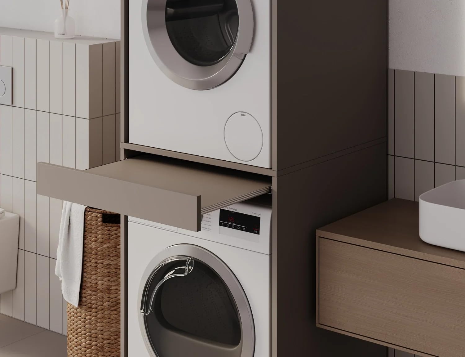 PLATAN ROOM Armoire superposée pour machine à laver et sèche-linge - 187 x 65 x 66 cm - Gris Argile – Image 4