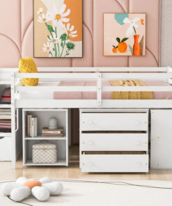 Full Size Loft Bed with Retractable Writing Desk and 3 Drawers