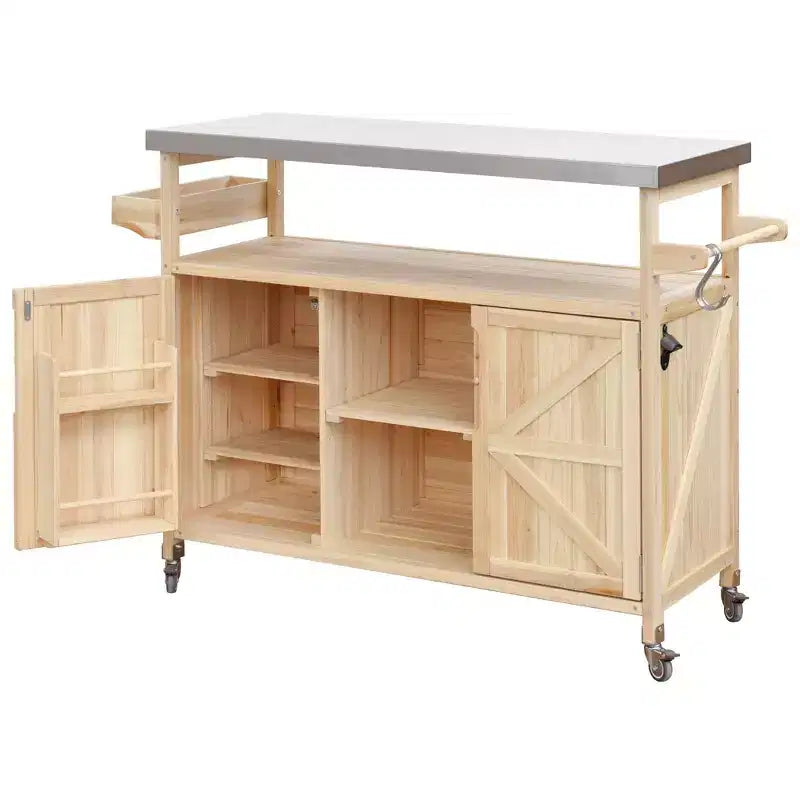 Outdoor Kitchen Island with Stainless Steel Top, Wooden Kitchen Cart with Doors, Shelves and Spice Rack, Rolling Kitchen Island – Image 26