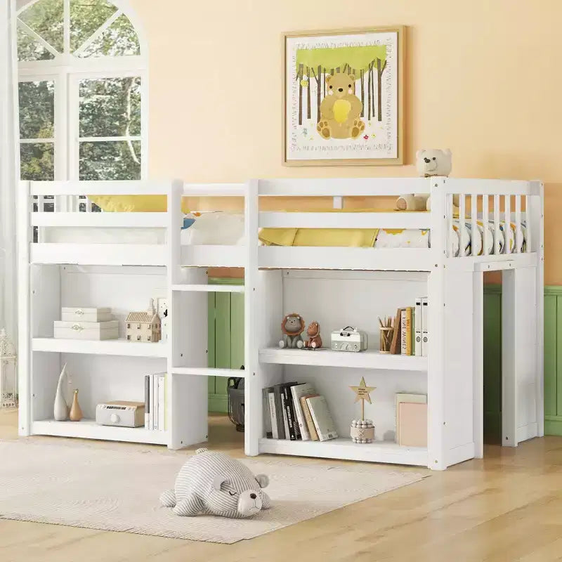 Whisen 79.8''L * 43.9''W Twin Size Kid Low Loft Bed With Two-Tier Shelves And LED Light – Image 3