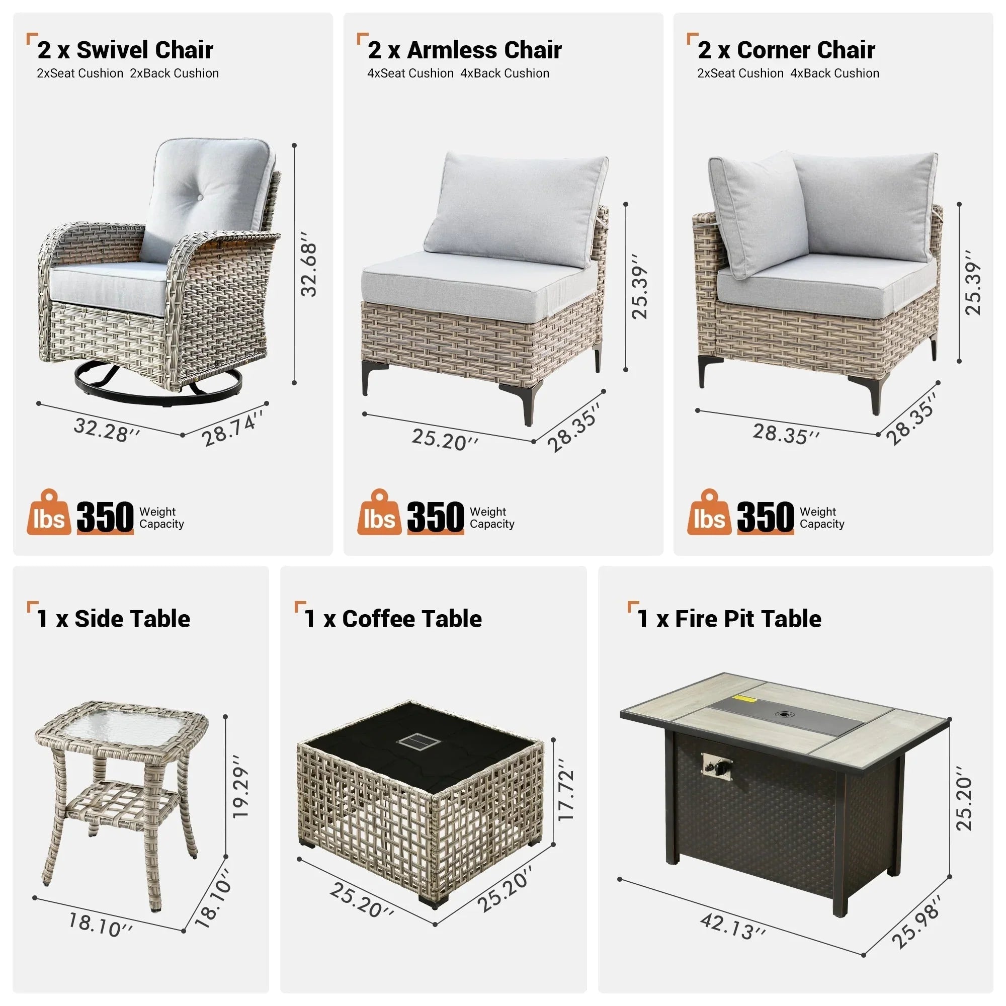 OVIOS 9 Pieces Outdoor Wicker Swivel Chair Set With Fire Table – Image 75