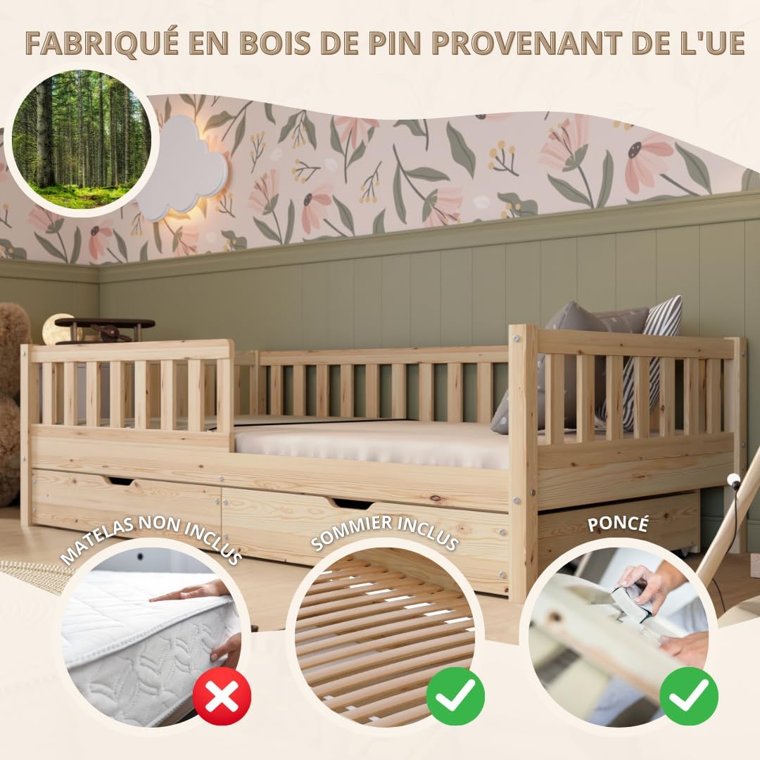 Lit Enfant avec Tiroirs 190x90 cm – Montessori au Sol en Bois Massif avec Barrière – Sécurisé pour Tout-Petit – Design Scandinave, Montage Facile - Crazy Basic – Image 4