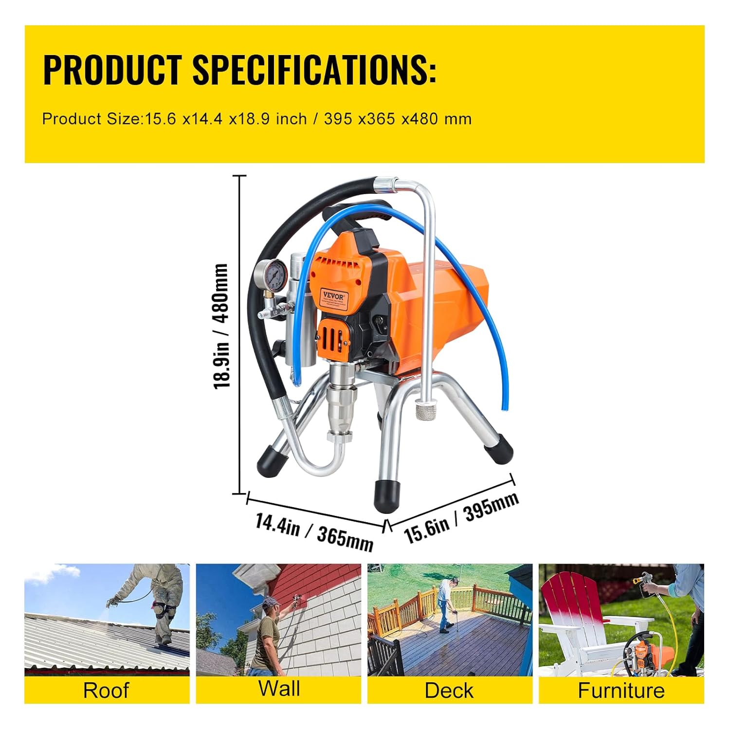 VEVOR Pulvérisateur sans Air avec Tuyau Haute Pression, Pistolet de Peinture Murale 2200 W, 3000 PSI, 2 L/Min, Moteur sans Balais Inclus, pour Peinture Intérieure Extérieure Fournitures Clôtures – Image 7