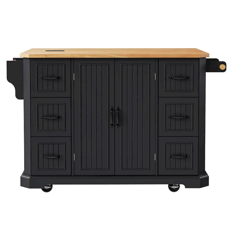 Expandable Drop-Leaf Kitchen Island, Kitchen Cart on 4 Wheels with Power Outlet, Moveable Island Table with 2 Door & 6 Drawers – Image 19
