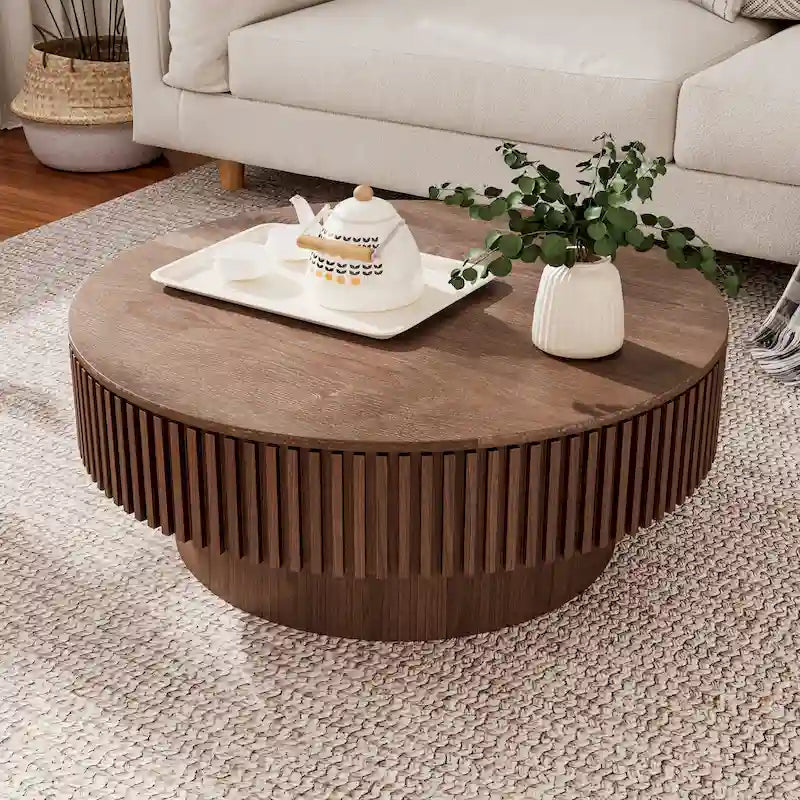 Modern Solid Wood Veneered Round Coffee Tea Table with Storage – Image 25