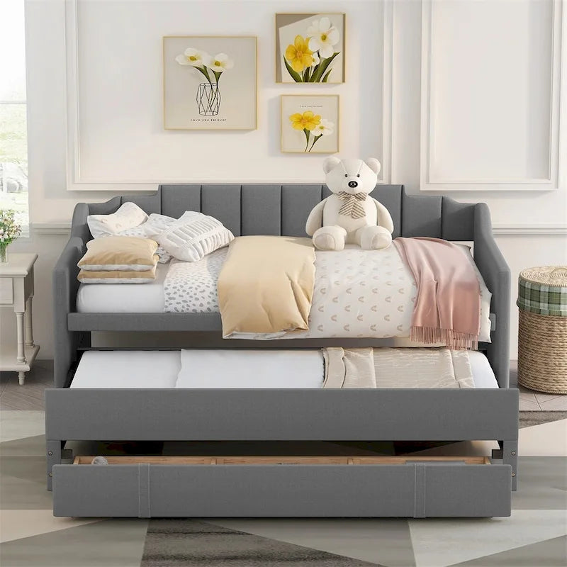 Twin Upholstered Daybed with Trundle and 3 Storage Drawers, Modern Guest Bed – Image 2