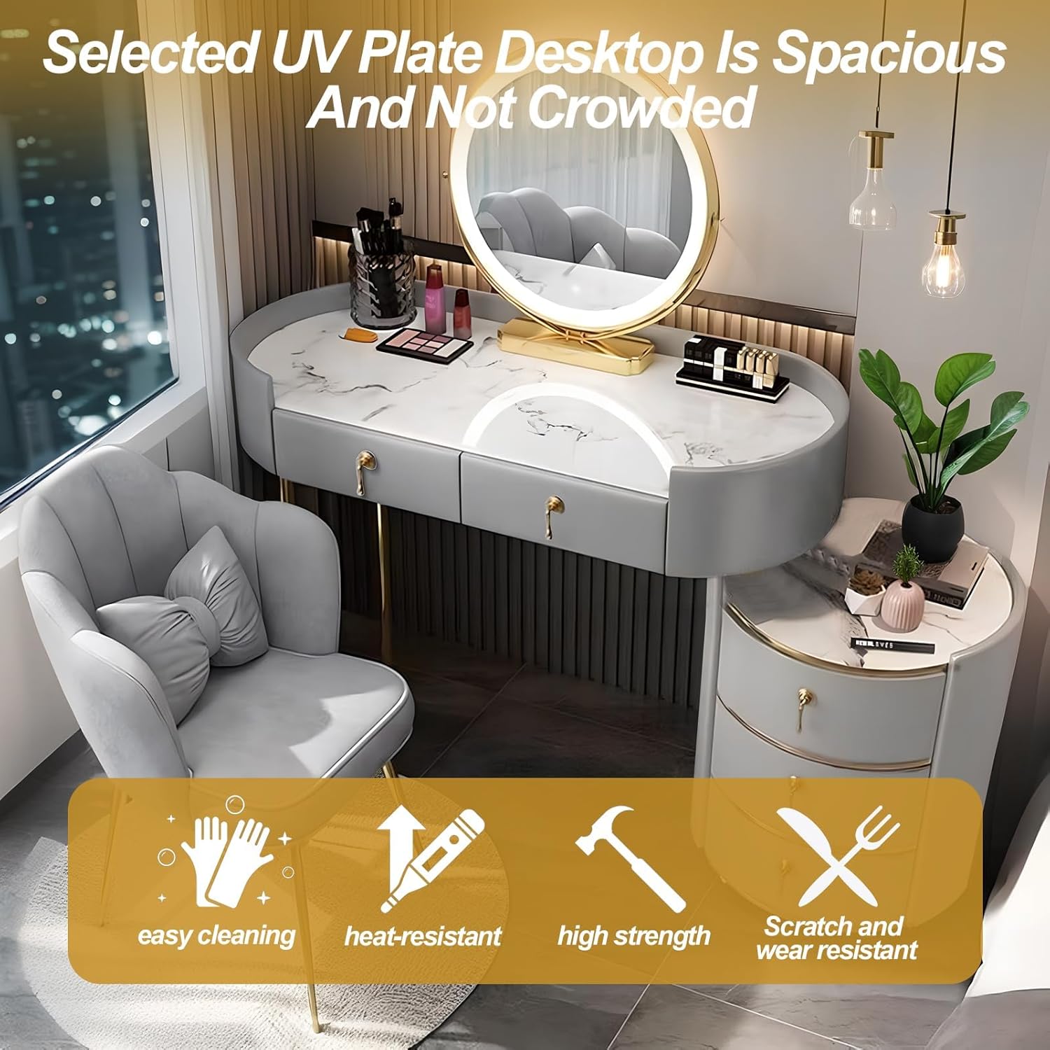 Coiffeuse avec miroir et tabouret, écran tactile, 3 couleurs, à intensité variable, avec 5 tiroirs, pour femmes et filles, commode moderne, cadeau pour chambre à coucher, gris, 80 cm – Image 7