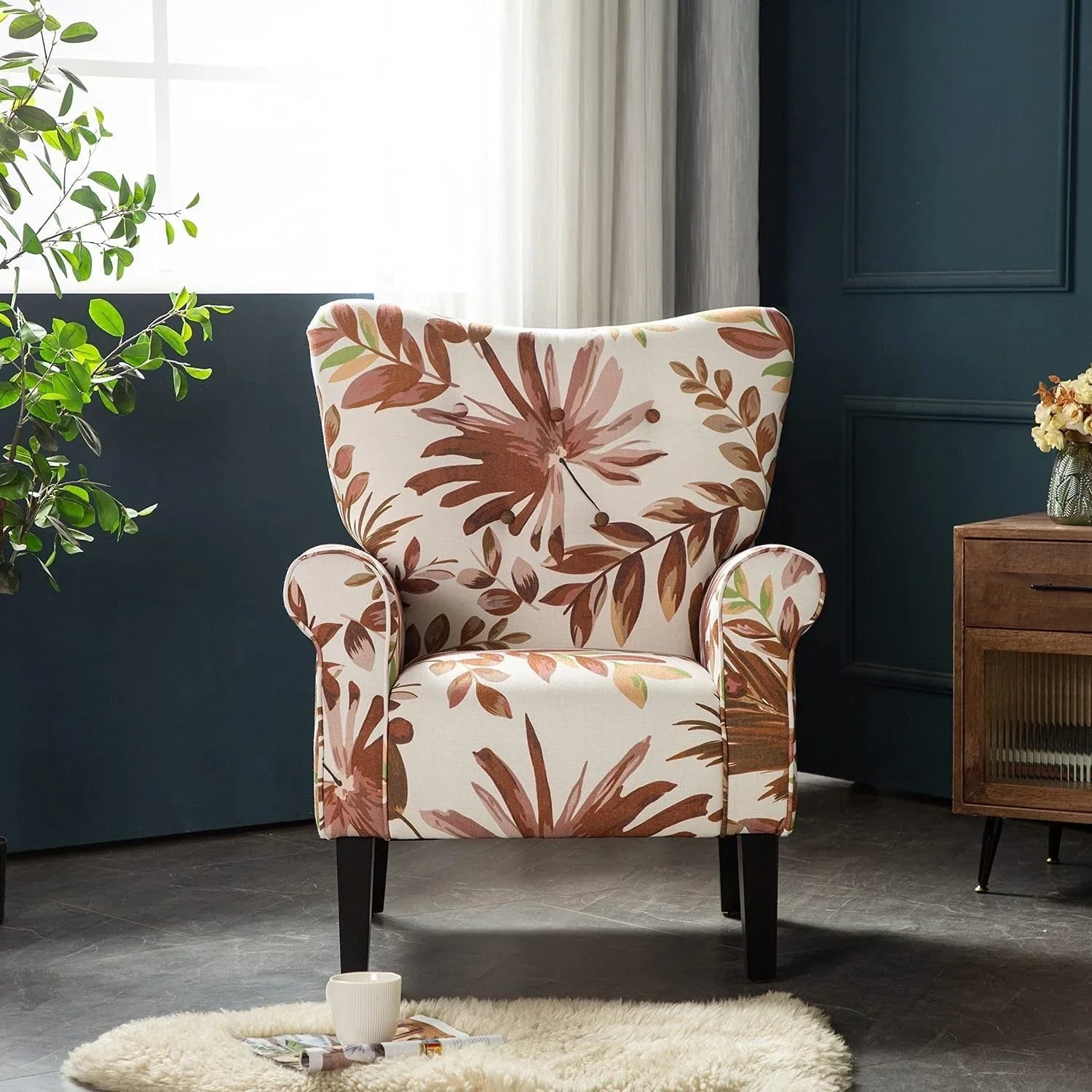 Erommy Modern Accent Chair, High Back Armchair, Upholstered Fabric Button Single Sofa with Wooden Legs for Living Room – Image 55